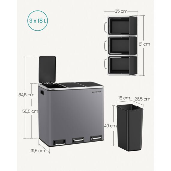 SONGMICS Mülleimer Küche, 3 x 18 L, Mülltrennsystem 3 Fächer, inklusive 15 Müllbeutel, Abfalleimer, Treteimer, für recycelbare Abfälle, Biomüll, mit Deckel, mattgrau LTB054G01