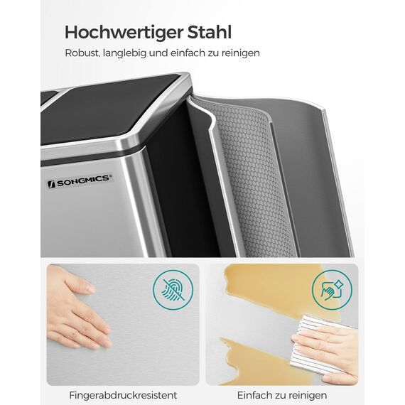 SONGMICS Mülleimer Küche, 3 x 18 L, Mülltrennsystem 3 Fächer, inklusive 15 Müllbeutel, Abfalleimer, Treteimer, für recycelbare Abfälle, Biomüll, mit Deckel, metallicsilber-tintenschwarz LTB54NL