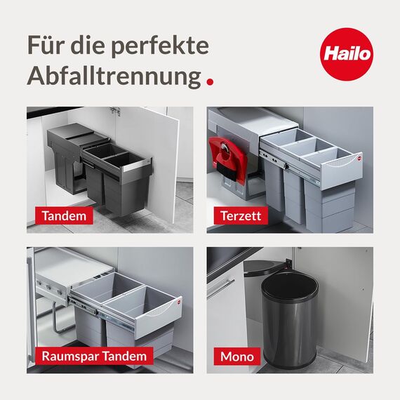 Hailo Tandem 3666101 – Einbau-Abfallsammler für Küchenschränke ab 30 cm, 2×15 L, Vollauszug mit Teleskopschienen, Mülltrennungssystem, Dunkelgrau