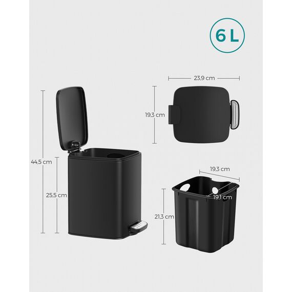 SONGMICS Kosmetikeimer, 6 Liter, Mülleimer Bad, kleiner Abfalleimer, Tretmülleimer, mit Pedal, für kleine Räume, mit Deckel, Softclose, Stahl, schwarz LTB590B0602