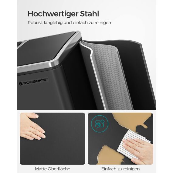 SONGMICS Mülleimer Küche, 3 x 18 L, Mülltrennsystem 3 Fächer, inklusive 15 Müllbeutel, Abfalleimer, Treteimer, für recycelbare Abfälle, Biomüll, mit Deckel, tintenschwarz LTB54BK