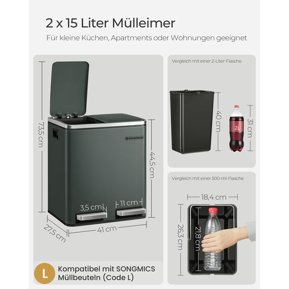 SONGMICS Mülleimer Küche, 2 x 15 Liter, Mülltrennsystem 2 Fächer, inklusive 15 Müllbeutel, Abfalleimer, Treteimer, recycelbare Abfälle, Biomüll, Softclose-Deckel, grüngrau LTB30GS