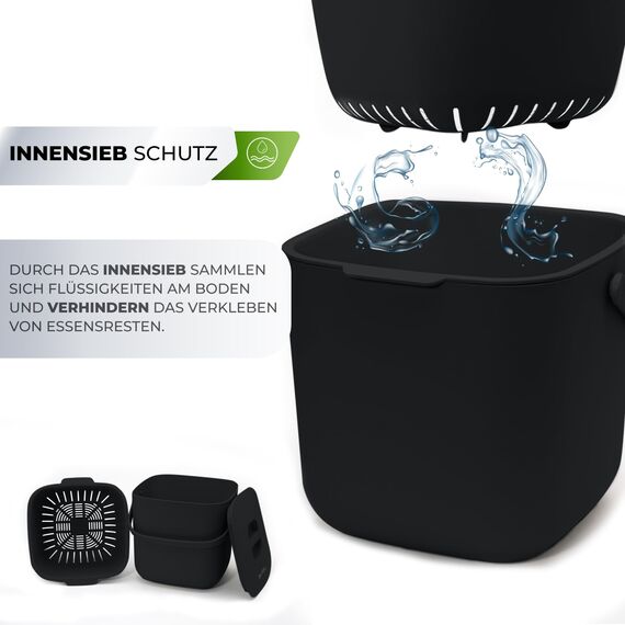 YourCasa Biomülleimer Küche 4L - Komposteimer mit herausnehmbarem Sieb & Deckel - geruchsdicht, spülmaschinenfest & ohne Biomülltüten - Bio Mülleimer klein für saubere Küchen (Schwarz)