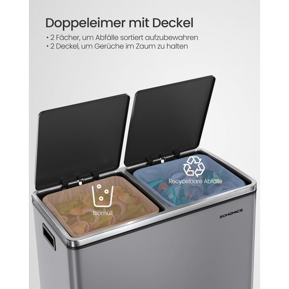 SONGMICS Mülleimer, 2 x 30 Liter, 2 Fächer, Mülltrennsystem, Treteimer, Abfalleimer Küche, 15 Müllsäcke, Metall, Inneneimer aus Kunststoff, Klappdeckel, Softclose, luftdicht, schiefergrau LTB060G01