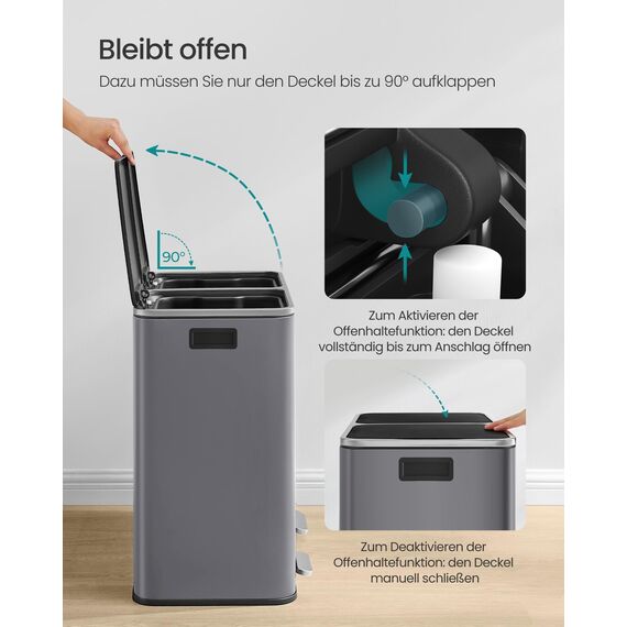 SONGMICS Mülleimer, 2 x 30 Liter, 2 Fächer, Mülltrennsystem, Treteimer, Abfalleimer Küche, 15 Müllsäcke, Metall, Inneneimer aus Kunststoff, Klappdeckel, Softclose, luftdicht, schiefergrau LTB060G01