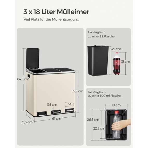 SONGMICS Mülleimer Küche, 3 x 18 L, Mülltrennsystem 3 Fächer, inklusive 15 Müllbeutel, Abfalleimer, Treteimer, für recycelbare Abfälle, Biomüll, mit Deckel, sandbeige LTB054A02