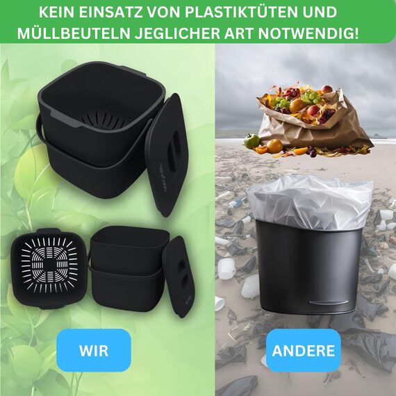 YourCasa Biomülleimer Küche 4L - Komposteimer mit herausnehmbarem Sieb & Deckel - geruchsdicht, spülmaschinenfest & ohne Biomülltüten - Bio Mülleimer klein für saubere Küchen (Schwarz)