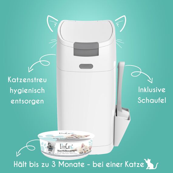 Littycat Katzenstreu Entsorgungseimer mit Schaufel - inkl. Nachfüllkassette - Katzenklo Mülleimer weiß-grau