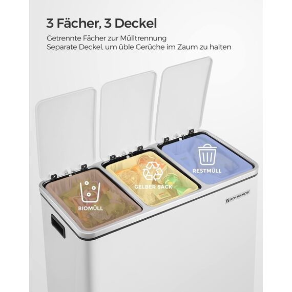 SONGMICS Mülleimer Küche, 3 x 18 L, Mülltrennsystem 3 Fächer, inklusive 15 Müllbeutel, Abfalleimer, Treteimer, für recycelbare Abfälle, Biomüll, mit Deckel, wolkenweiß LTB54WT