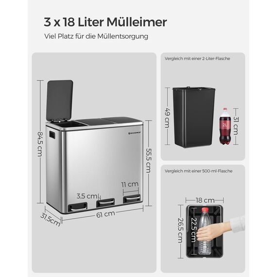 SONGMICS Mülleimer Küche, 3 x 18 L, Mülltrennsystem 3 Fächer, inklusive 15 Müllbeutel, Abfalleimer, Treteimer, für recycelbare Abfälle, Biomüll, mit Deckel, metallicsilber-tintenschwarz LTB54NL