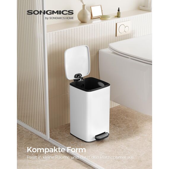 SONGMICS Kosmetikeimer, 8 Liter, Mülleimer Bad, kleiner Abfalleimer, Tretmülleimer, mit Pedal, für kleine Räume, mit Deckel, Softclose, Stahl, weiß LTB591W0802
