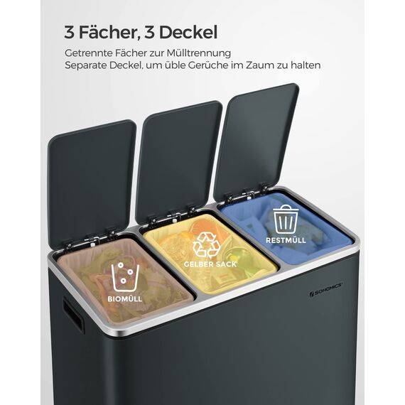 SONGMICS Mülleimer Küche, 3 x 18 L, Mülltrennsystem 3 Fächer, inklusive 15 Müllbeutel, Abfalleimer, Treteimer, für recycelbare Abfälle, Biomüll, mit Deckel, grüngrau LTB54GS