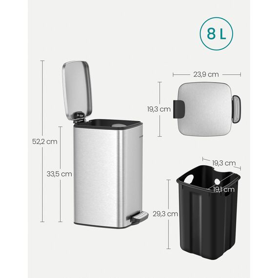SONGMICS Kosmetikeimer, 8 Liter, Mülleimer Bad, kleiner Abfalleimer, Tretmülleimer, mit Pedal, für kleine Räume, mit Deckel, Softclose, Stahl, metallicsilber LTB591E02