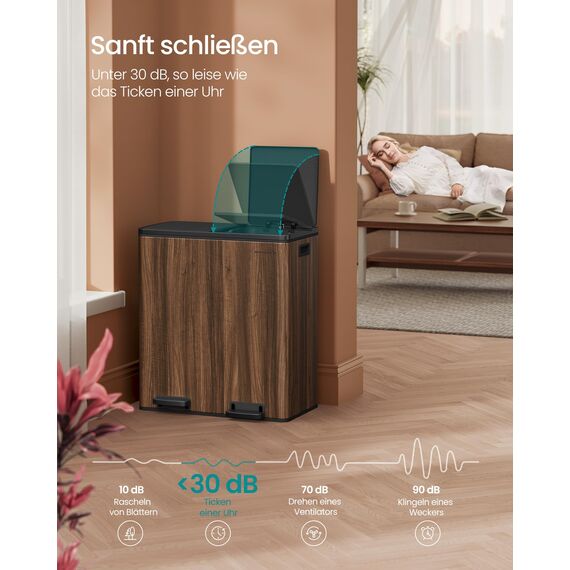 SONGMICS Mülleimer, 2 x 30 Liter, 2 Fächer, Mülltrennsystem, Treteimer, Abfalleimer Küche, 15 Müllsäcke, Metall, Inneneimer aus Kunststoff, Klappdeckel, Softclose, dunkelwalnussfarben LTB060N02