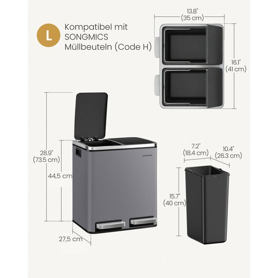 SONGMICS Mülleimer Küche, 2 x 15 Liter, Mülltrennsystem 2 Fächer, inklusive 15 Müllbeutel, Abfalleimer, Treteimer, recycelbare Abfälle, Biomüll, Softclose-Deckel, mattgrau LTB030G01