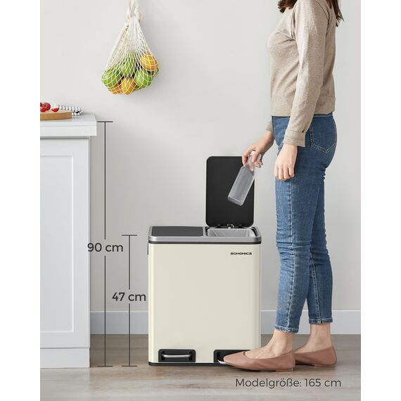 SONGMICS Mülleimer Küche, 2 x 15 Liter, Mülltrennsystem 2 Fächer, inklusive 15 Müllbeutel, Abfalleimer, Treteimer, recycelbare Abfälle, Biomüll, Softclose-Deckel, sandbeige-tintenschwarz LTB30A02