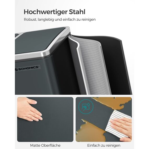 SONGMICS Mülleimer Küche, 3 x 18 L, Mülltrennsystem 3 Fächer, inklusive 15 Müllbeutel, Abfalleimer, Treteimer, für recycelbare Abfälle, Biomüll, mit Deckel, grüngrau LTB54GS