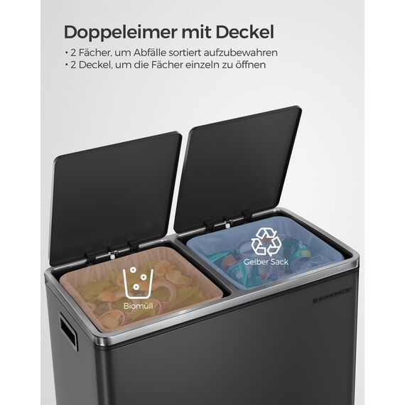 SONGMICS Mülleimer, 2 x 30 Liter, 2 Fächer, Mülltrennsystem, Treteimer, Abfalleimer Küche, 15 Müllsäcke, Metall, Inneneimer aus Kunststoff, Klappdeckel, Softclose, luftdicht, schwarz LTB60BK