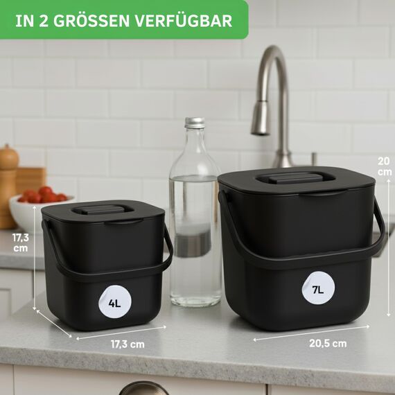 YourCasa Biomülleimer Küche 4L - Komposteimer mit herausnehmbarem Sieb & Deckel - geruchsdicht, spülmaschinenfest & ohne Biomülltüten - Bio Mülleimer klein für saubere Küchen (Schwarz)