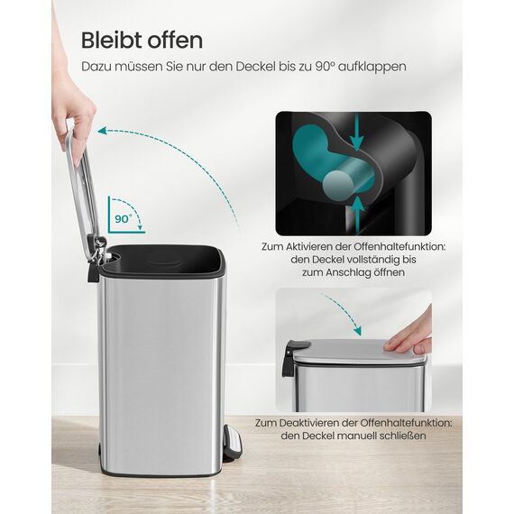 SONGMICS Kosmetikeimer, 8 Liter, Mülleimer Bad, kleiner Abfalleimer, Tretmülleimer, mit Pedal, für kleine Räume, mit Deckel, Softclose, Stahl, metallicsilber LTB591E02