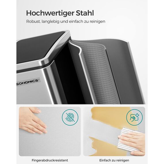 SONGMICS Mülleimer Küche, 2 x 15 Liter, Mülltrennsystem 2 Fächer, inklusive 15 Müllbeutel, Abfalleimer, Treteimer, recycelbare Abfälle, Biomüll, Softclose-Deckel, metallicsilber-tintenschwarz LTB30H