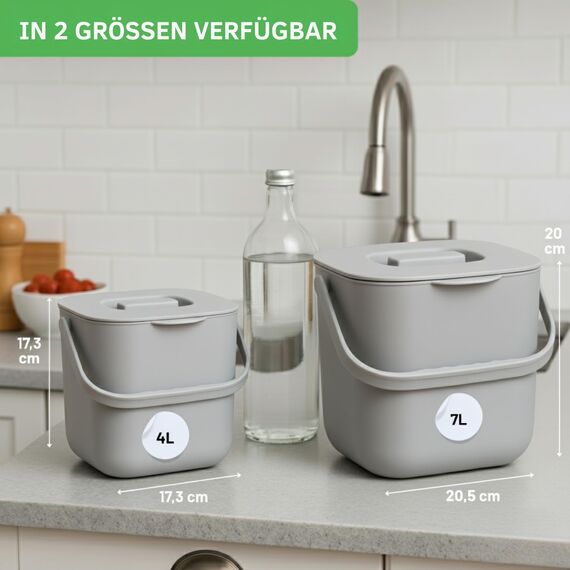YourCasa Biomülleimer Küche 4L - Komposteimer mit herausnehmbarem Sieb & Deckel - geruchsdicht, spülmaschinenfest & ohne Biomülltüten - Bio Mülleimer klein für saubere Küchen (Grau)