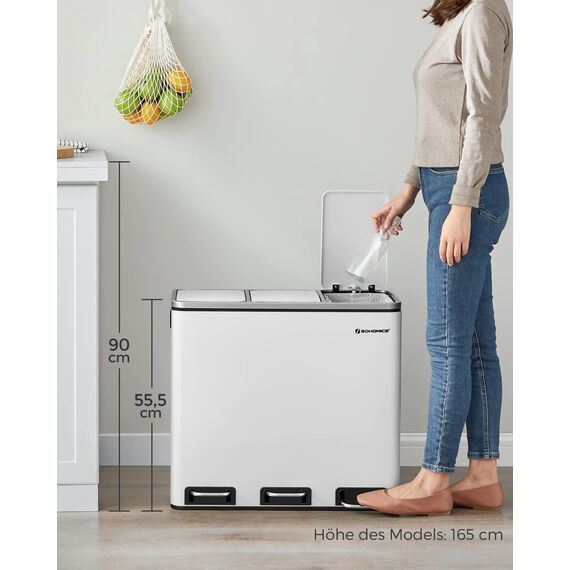 SONGMICS Mülleimer Küche, 3 x 18 L, Mülltrennsystem 3 Fächer, inklusive 15 Müllbeutel, Abfalleimer, Treteimer, für recycelbare Abfälle, Biomüll, mit Deckel, wolkenweiß LTB54WT