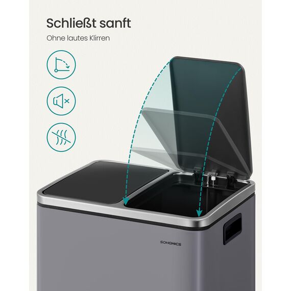 SONGMICS Mülleimer Küche, 2 x 15 Liter, Mülltrennsystem 2 Fächer, inklusive 15 Müllbeutel, Abfalleimer, Treteimer, recycelbare Abfälle, Biomüll, Softclose-Deckel, mattgrau LTB030G01