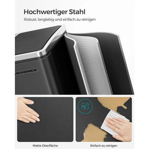 SONGMICS Mülleimer Küche, 2 x 15 Liter, Mülltrennsystem 2 Fächer, inklusive 15 Müllbeutel, Abfalleimer, Treteimer, recycelbare Abfälle, Biomüll, Softclose-Deckel, tintenschwarz LTB30BK