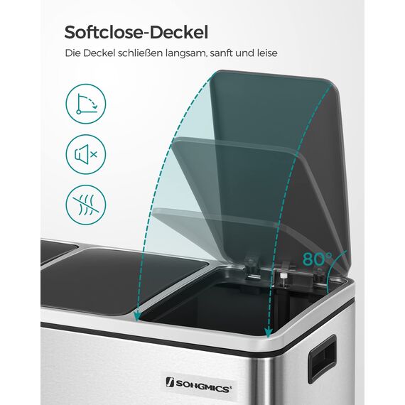 SONGMICS Mülleimer Küche, 3 x 18 L, Mülltrennsystem 3 Fächer, inklusive 15 Müllbeutel, Abfalleimer, Treteimer, für recycelbare Abfälle, Biomüll, mit Deckel, metallicsilber-tintenschwarz LTB54NL