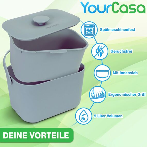 YourCasa Biomülleimer Küche 5L - Komposteimer für alltäglichen Biomüll Behälter - Spülmaschinenfest - Geruchsdicht mit Sieb & ergonomischen Griff - Bio Mülleimer Klein Komposter Bioeimer (Mint)