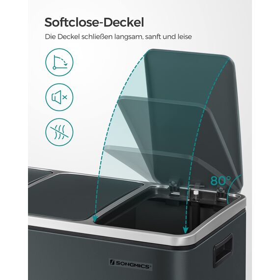 SONGMICS Mülleimer Küche, 3 x 18 L, Mülltrennsystem 3 Fächer, inklusive 15 Müllbeutel, Abfalleimer, Treteimer, für recycelbare Abfälle, Biomüll, mit Deckel, grüngrau LTB54GS