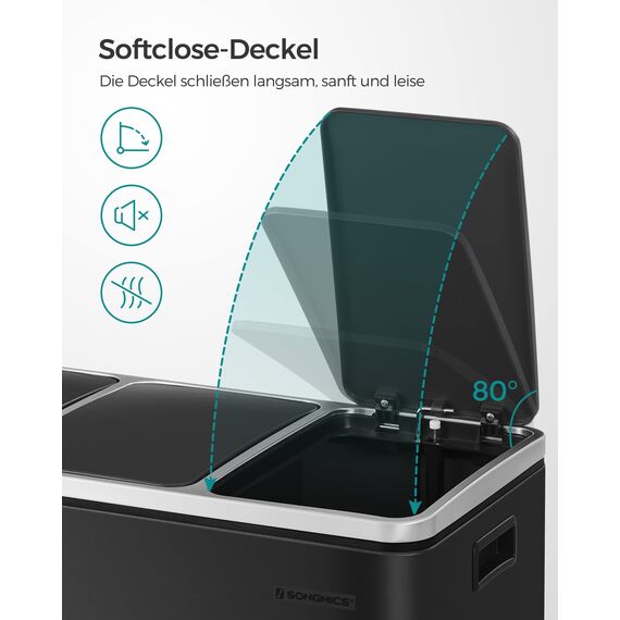 SONGMICS Mülleimer Küche, 3 x 18 L, Mülltrennsystem 3 Fächer, inklusive 15 Müllbeutel, Abfalleimer, Treteimer, für recycelbare Abfälle, Biomüll, mit Deckel, tintenschwarz LTB54BK