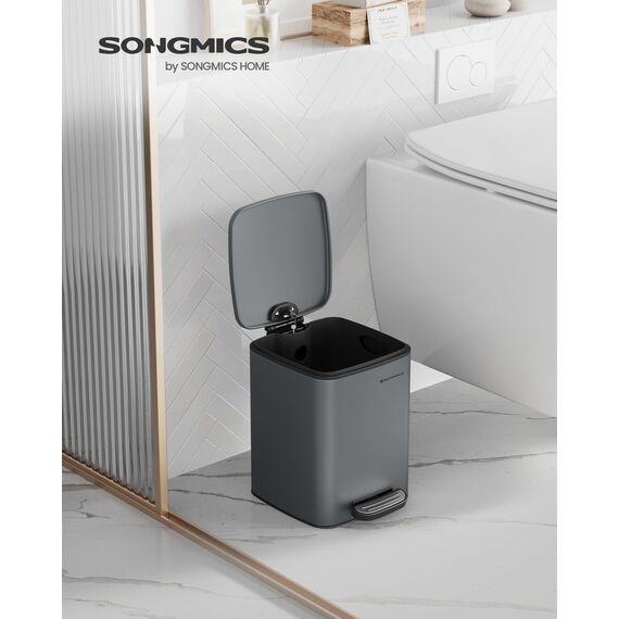 SONGMICS Kosmetikeimer, 6 Liter, Mülleimer Bad, kleiner Abfalleimer, Tretmülleimer, mit Pedal, für kleine Räume, mit Deckel, Softclose, Stahl, schiefergrau LTB590G02