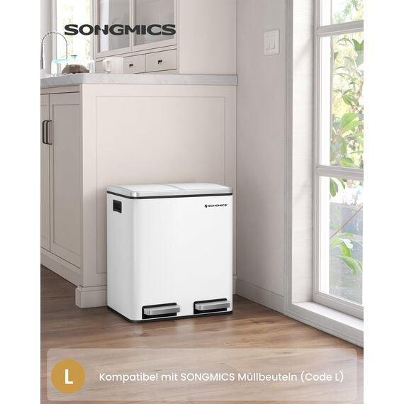SONGMICS Mülleimer Küche, 2 x 15 Liter, Mülltrennsystem 2 Fächer, inklusive 15 Müllbeutel, Abfalleimer, Treteimer, recycelbare Abfälle, Biomüll, Softclose-Deckel, wolkenweiß LTB30WT