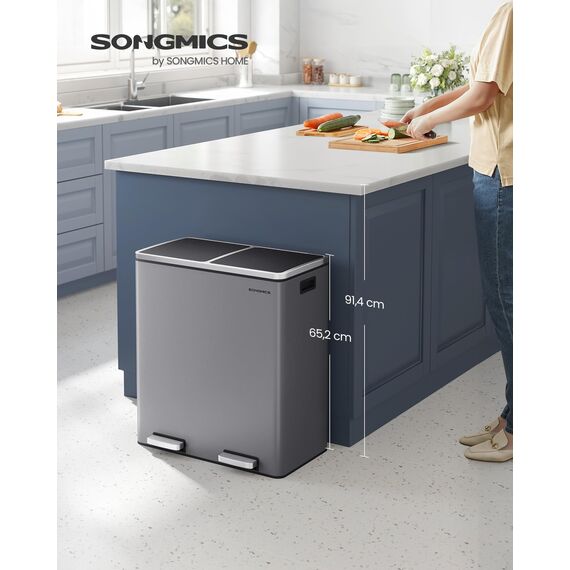 SONGMICS Mülleimer, 2 x 30 Liter, 2 Fächer, Mülltrennsystem, Treteimer, Abfalleimer Küche, 15 Müllsäcke, Metall, Inneneimer aus Kunststoff, Klappdeckel, Softclose, luftdicht, schiefergrau LTB060G01