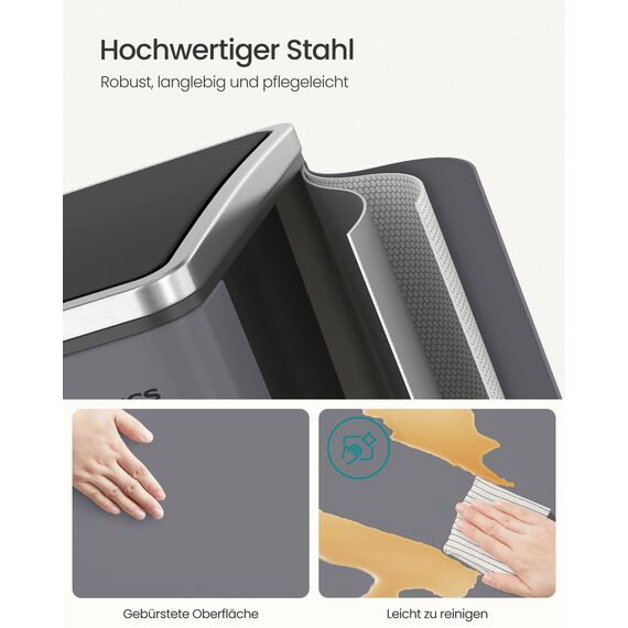 SONGMICS Mülleimer Küche, 2 x 15 Liter, Mülltrennsystem 2 Fächer, inklusive 15 Müllbeutel, Abfalleimer, Treteimer, recycelbare Abfälle, Biomüll, Softclose-Deckel, mattgrau LTB030G01