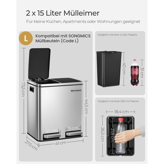 SONGMICS Mülleimer Küche, 2 x 15 Liter, Mülltrennsystem 2 Fächer, inklusive 15 Müllbeutel, Abfalleimer, Treteimer, recycelbare Abfälle, Biomüll, Softclose-Deckel, metallicsilber-tintenschwarz LTB30H