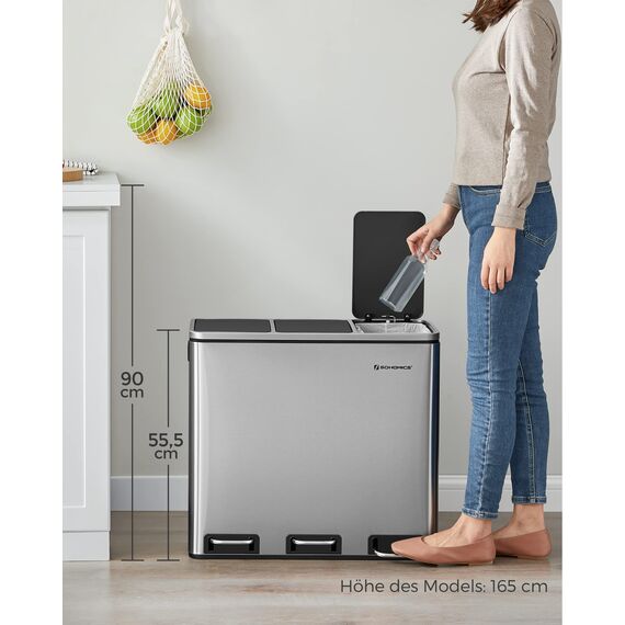 SONGMICS Mülleimer Küche, 3 x 18 L, Mülltrennsystem 3 Fächer, inklusive 15 Müllbeutel, Abfalleimer, Treteimer, für recycelbare Abfälle, Biomüll, mit Deckel, metallicsilber-tintenschwarz LTB54NL
