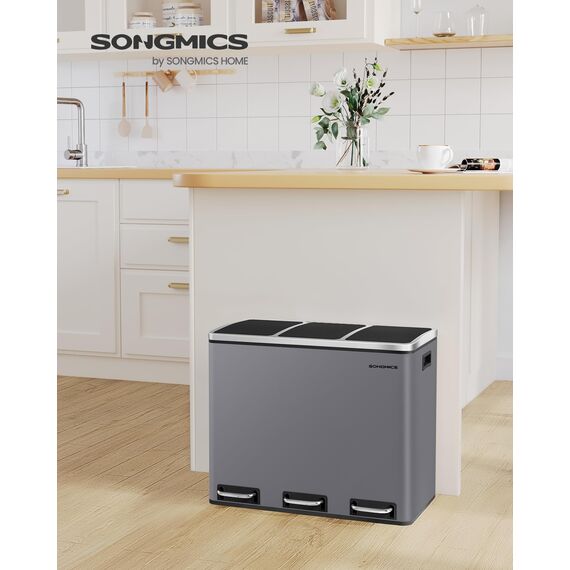 SONGMICS Mülleimer Küche, 3 x 18 L, Mülltrennsystem 3 Fächer, inklusive 15 Müllbeutel, Abfalleimer, Treteimer, für recycelbare Abfälle, Biomüll, mit Deckel, mattgrau LTB054G01
