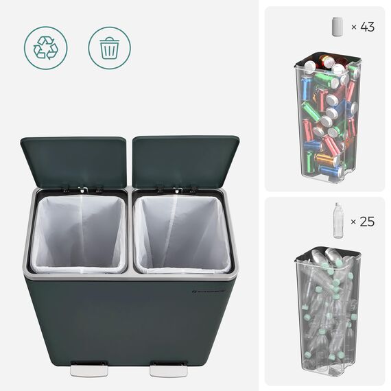SONGMICS Mülleimer, 2 x 30 Liter, 2 Fächer, Mülltrennsystem, Treteimer, Abfalleimer Küche, 15 Müllsäcke, Metall, Inneneimer aus Kunststoff, Klappdeckel, Softclose, luftdicht, grüngrau LTB60GS