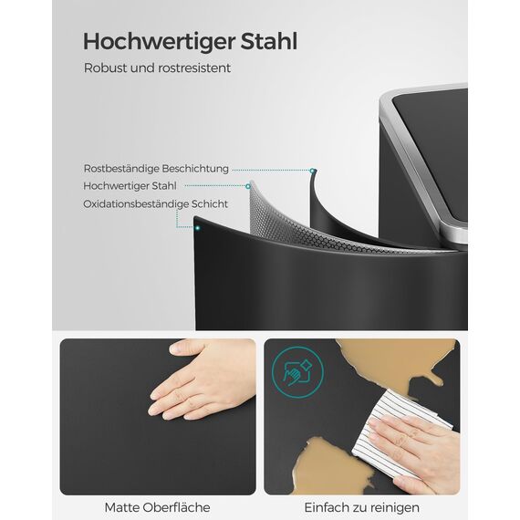 SONGMICS Mülleimer, 2 x 30 Liter, 2 Fächer, Mülltrennsystem, Treteimer, Abfalleimer Küche, 15 Müllsäcke, Metall, Inneneimer aus Kunststoff, Klappdeckel, Softclose, luftdicht, schwarz LTB60BK