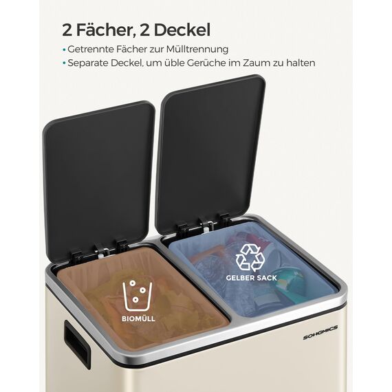 SONGMICS Mülleimer Küche, 2 x 15 Liter, Mülltrennsystem 2 Fächer, inklusive 15 Müllbeutel, Abfalleimer, Treteimer, recycelbare Abfälle, Biomüll, Softclose-Deckel, sandbeige-tintenschwarz LTB30A02