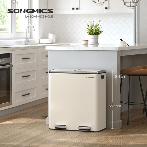 SONGMICS Mülleimer, 2 x 30 Liter, 2 Fächer, Mülltrennsystem, Treteimer, Abfalleimer Küche, 15 Müllsäcke, Metall, Inneneimer aus Kunststoff, Klappdeckel, Softclose, luftdicht, mandelfarben LTB060A01