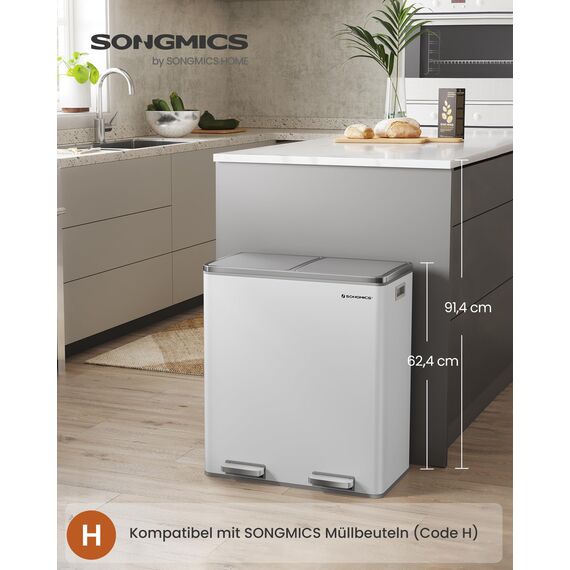 SONGMICS Mülleimer, 2 x 30 Liter, 2 Fächer, Mülltrennsystem, Treteimer, Abfalleimer Küche, 15 Müllsäcke, Metall, Inneneimer aus Kunststoff, Klappdeckel, Softclose, luftdicht, weiß-grau LTB60WT