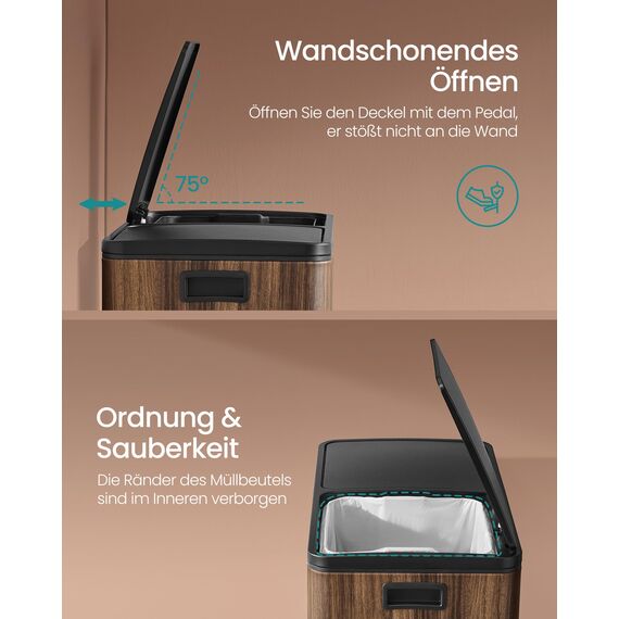 SONGMICS Mülleimer, 2 x 30 Liter, 2 Fächer, Mülltrennsystem, Treteimer, Abfalleimer Küche, 15 Müllsäcke, Metall, Inneneimer aus Kunststoff, Klappdeckel, Softclose, dunkelwalnussfarben LTB060N02