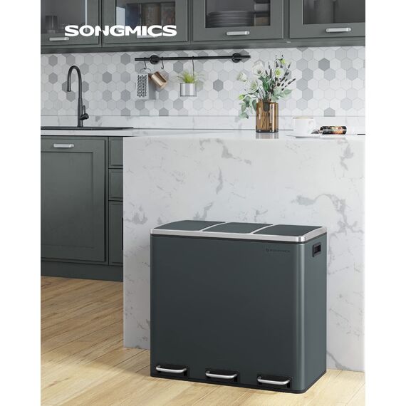 SONGMICS Mülleimer Küche, 3 x 18 L, Mülltrennsystem 3 Fächer, inklusive 15 Müllbeutel, Abfalleimer, Treteimer, für recycelbare Abfälle, Biomüll, mit Deckel, grüngrau LTB54GS