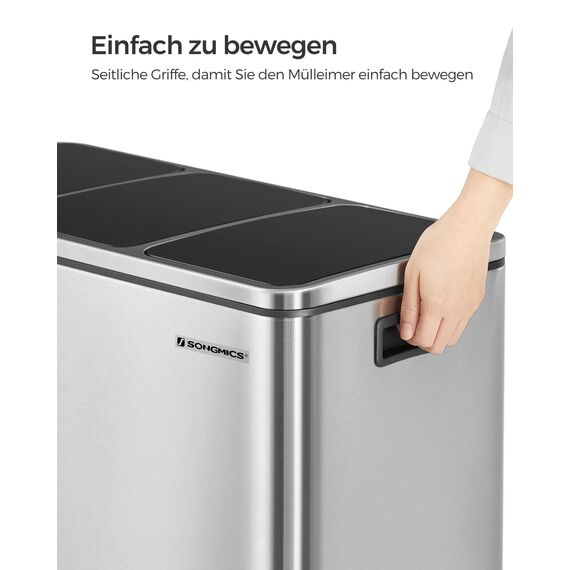 SONGMICS Mülleimer Küche, 3 x 18 L, Mülltrennsystem 3 Fächer, inklusive 15 Müllbeutel, Abfalleimer, Treteimer, für recycelbare Abfälle, Biomüll, mit Deckel, metallicsilber-tintenschwarz LTB54NL