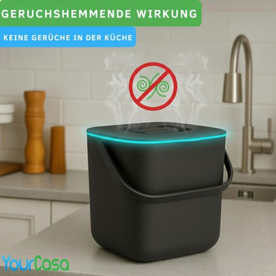 YourCasa Biomülleimer Küche 4L - Komposteimer mit herausnehmbarem Sieb & Deckel - geruchsdicht, spülmaschinenfest & ohne Biomülltüten - Bio Mülleimer klein für saubere Küchen (Anthrazit)