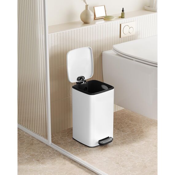 SONGMICS Kosmetikeimer, 8 Liter, Mülleimer Bad, kleiner Abfalleimer, Tretmülleimer, mit Pedal, für kleine Räume, mit Deckel, Softclose, Stahl, weiß LTB591W0802